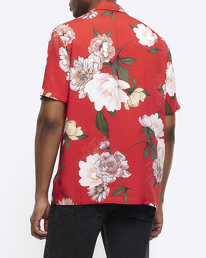 Red regular fit floral revere shirt