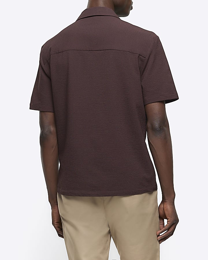 Brown regular fit seersucker revere shirt