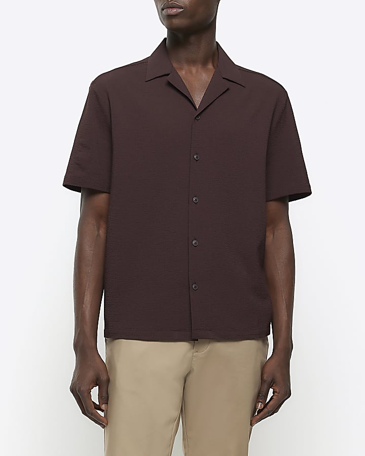 Brown regular fit seersucker revere shirt