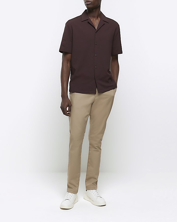 Brown regular fit seersucker revere shirt