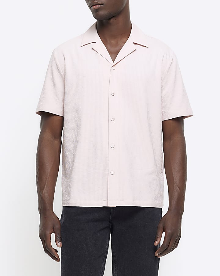 Pink regular fit seersucker revere shirt