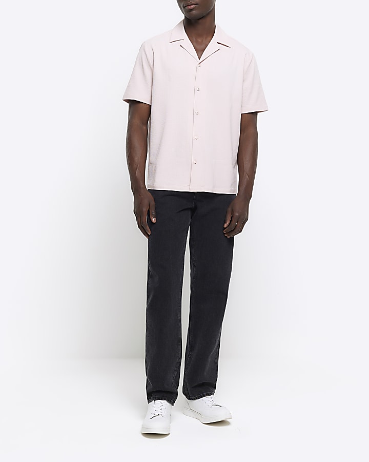 Pink regular fit seersucker revere shirt