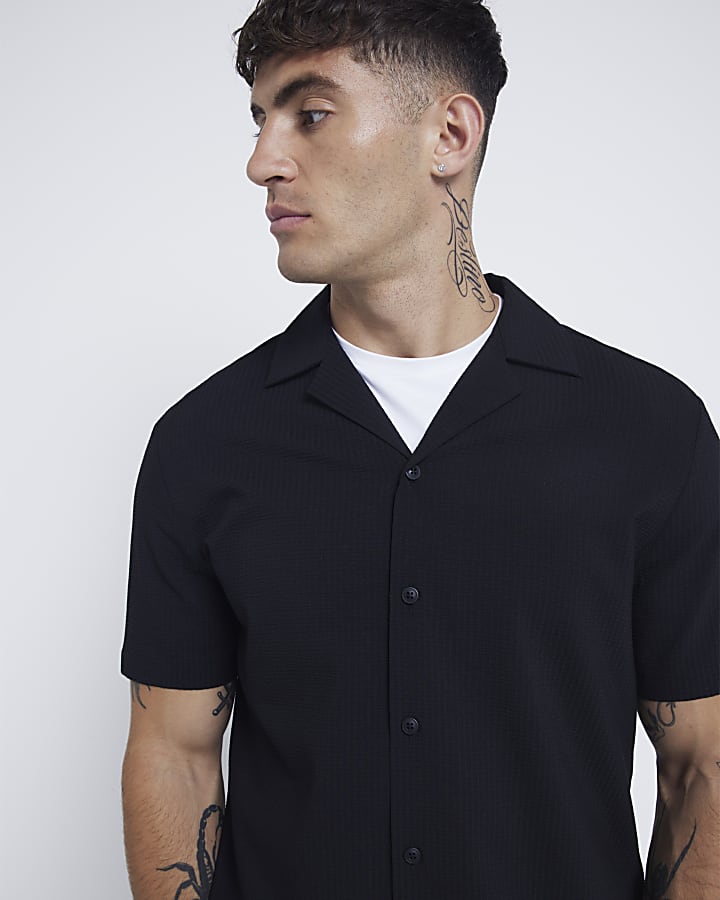 Black Regular Fit Seersucker Revere Shirt