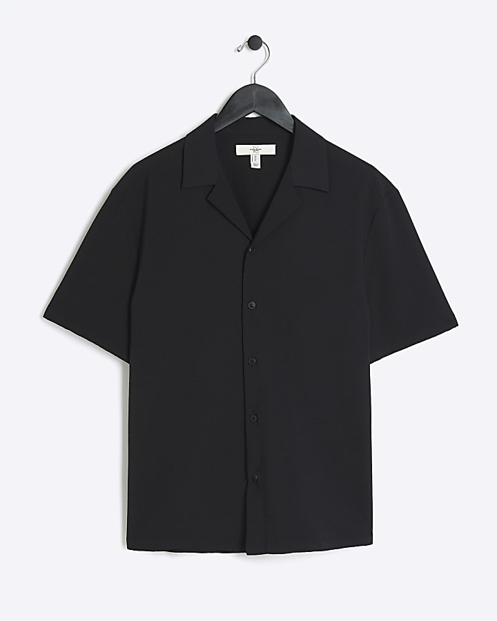 Black Regular Fit Seersucker Revere Shirt