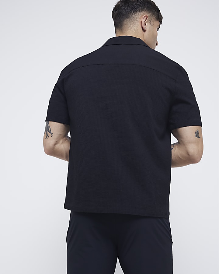 Black Regular Fit Seersucker Revere Shirt