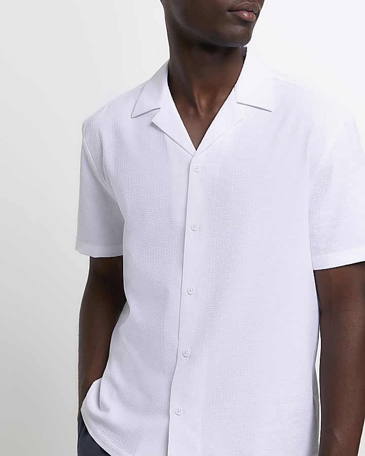 White Regular Fit Seersucker Revere Shirt