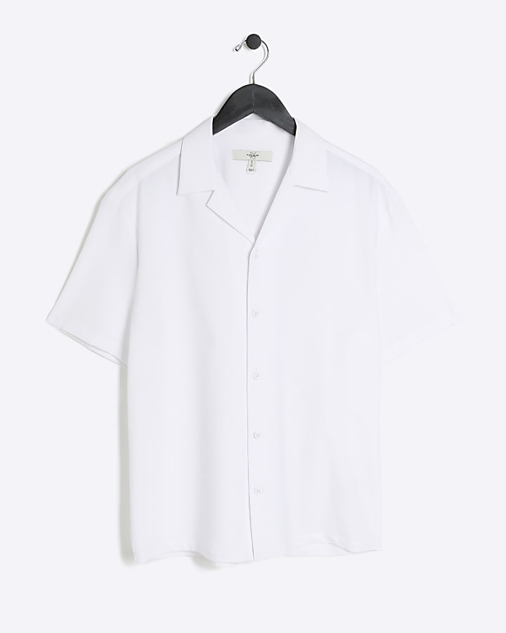 White Regular Fit Seersucker Revere Shirt