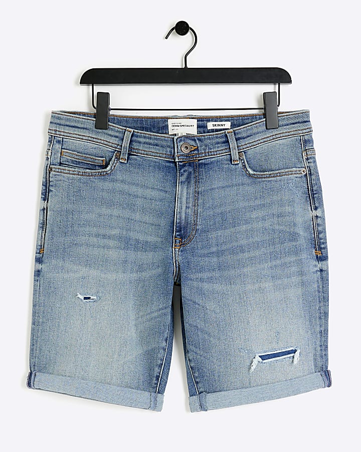 Blue skinny fit ripped denim shorts