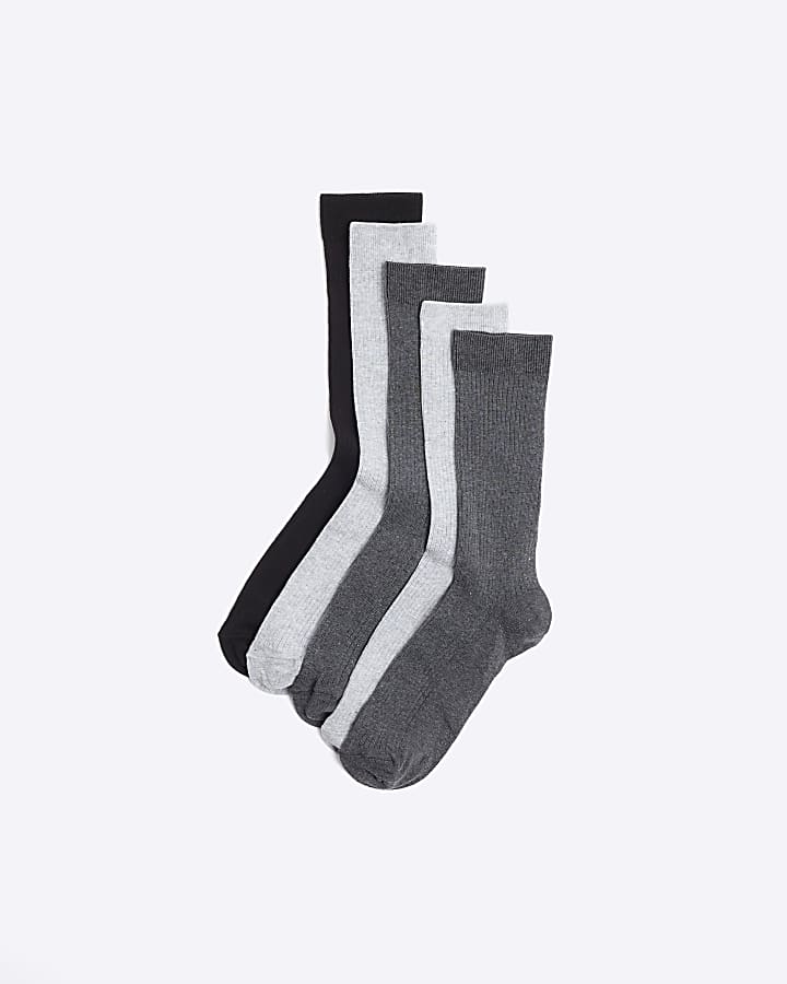 5PK grey ribbed ankle socks