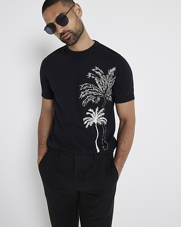 Black slim fit embroidered palm tree t-shirt