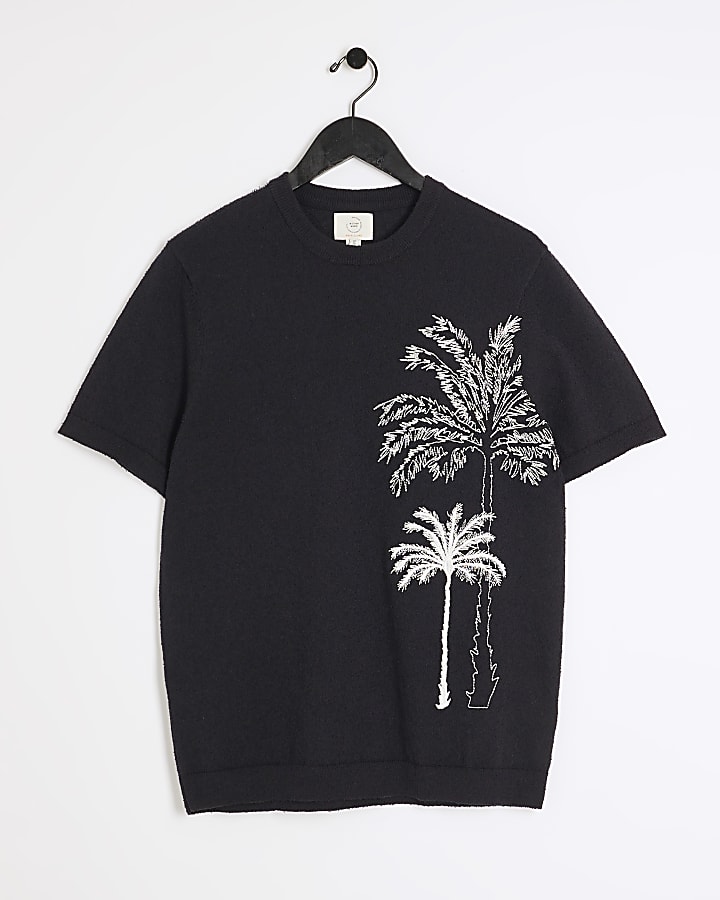 Black slim fit embroidered palm tree t-shirt