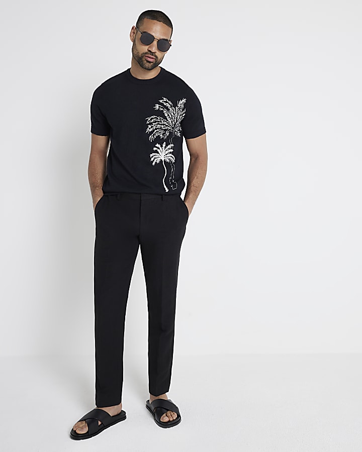 Black slim fit embroidered palm tree t-shirt