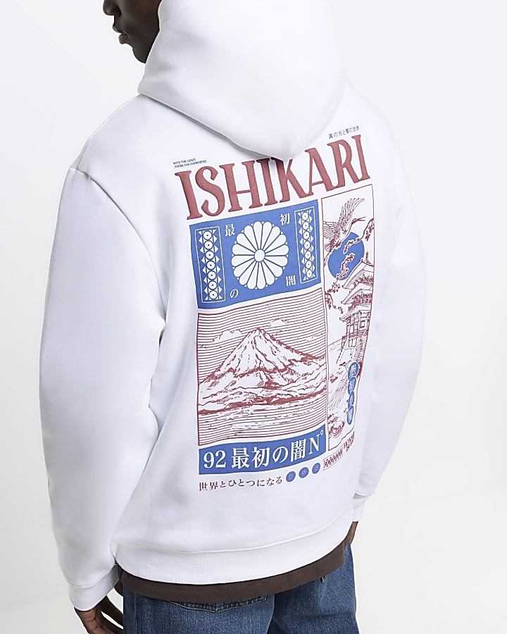 White regular fit graphic Japanese hoodie