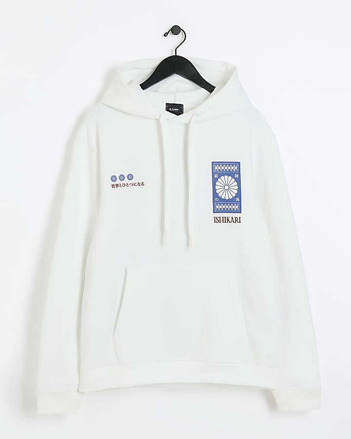 White regular fit graphic Japanese hoodie