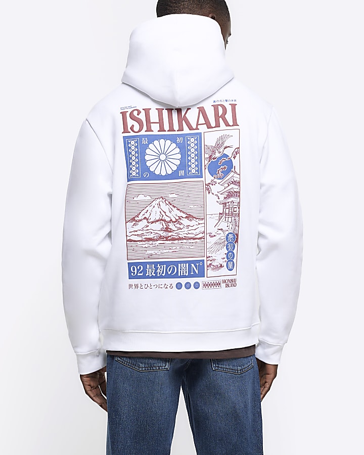 White regular fit graphic Japanese hoodie