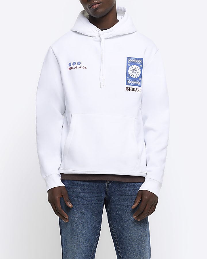 White regular fit graphic Japanese hoodie