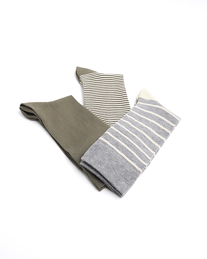 3PK khaki stripe bamboo ankle socks