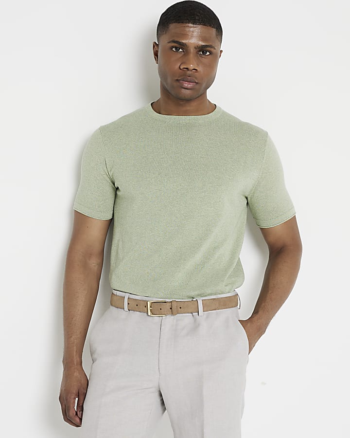 Green slim fit textured knit t-shirt