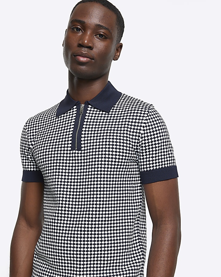 Navy muscle fit knit geo polo t-shirt