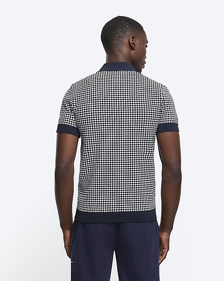 Navy muscle fit knit geo polo t-shirt
