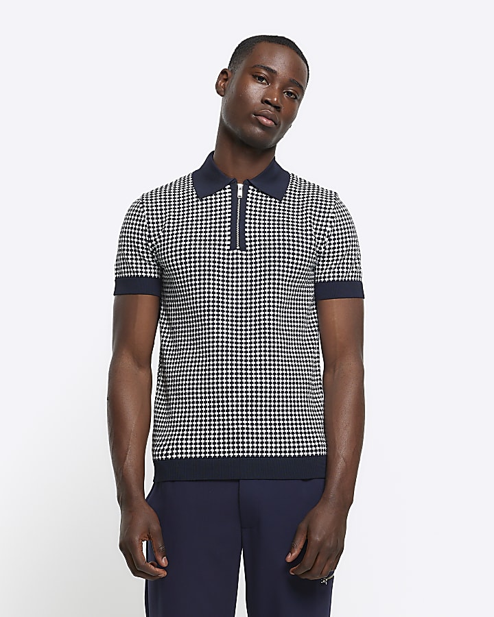 Navy muscle fit knit geo polo t-shirt