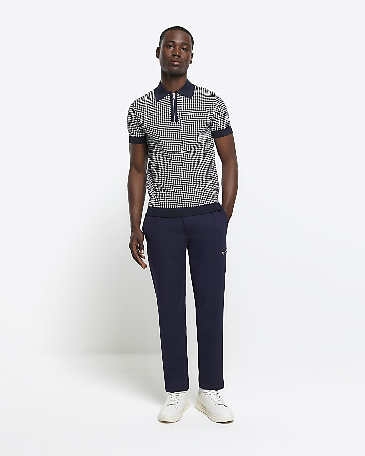 Navy muscle fit knit geo polo t-shirt