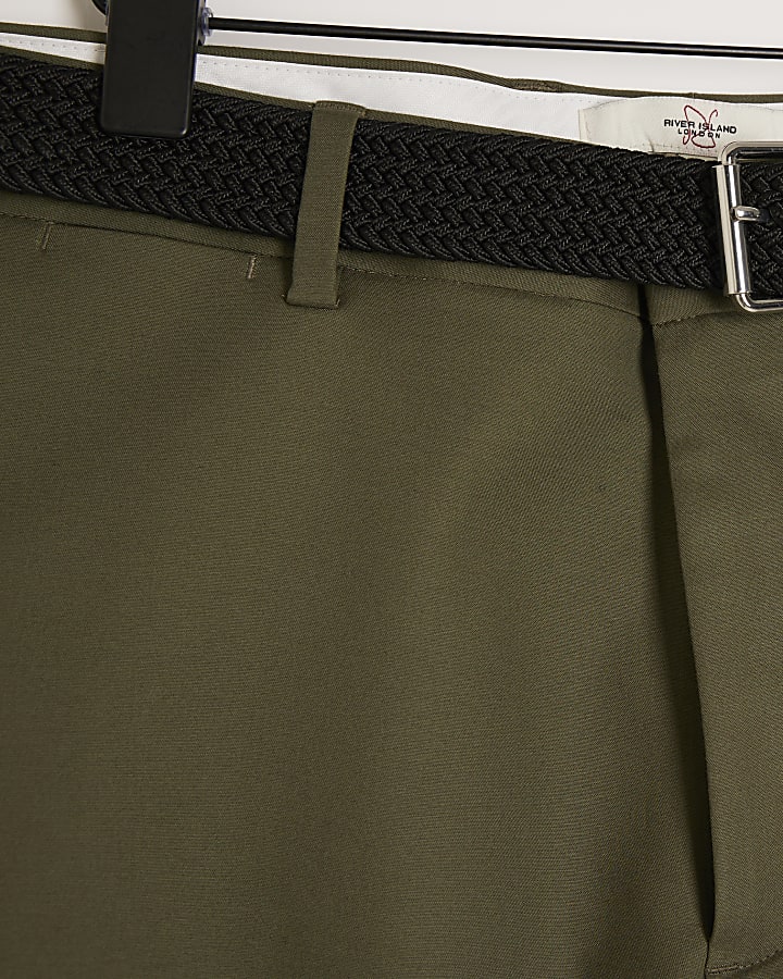 Khaki slim fit belted chino shorts