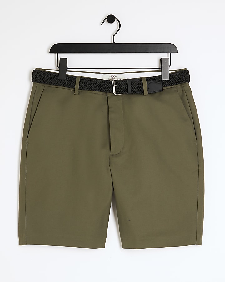 Khaki slim fit belted chino shorts