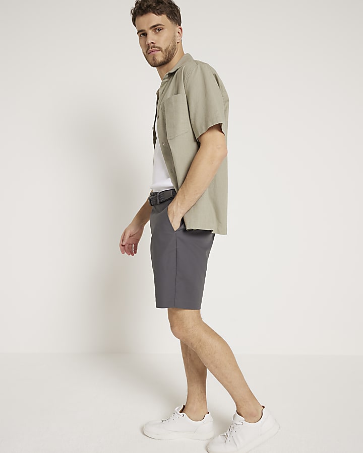 Grey slim fit belted chino shorts