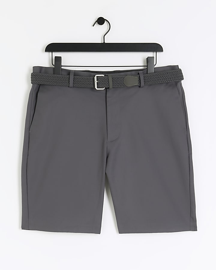 Grey slim fit belted chino shorts