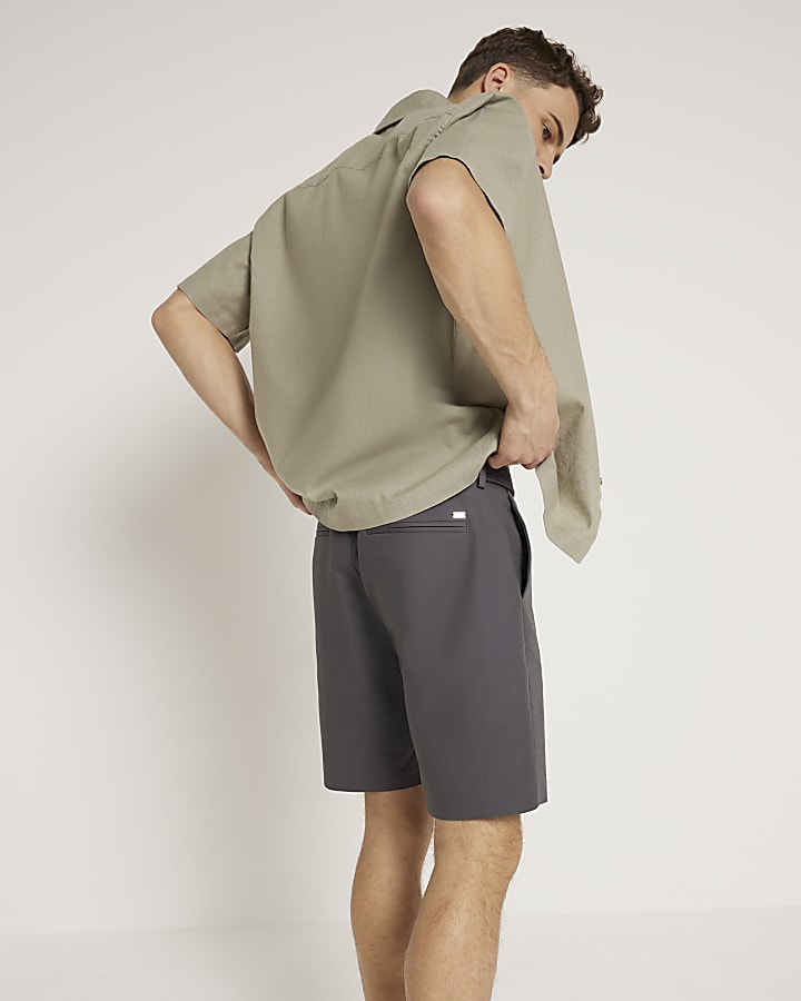 Grey slim fit belted chino shorts