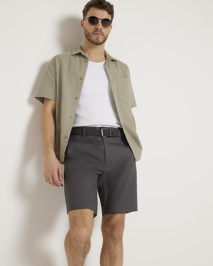 Grey slim fit belted chino shorts