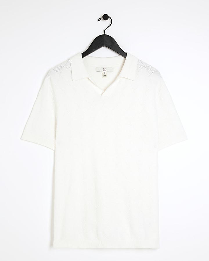 White slim fit diamond stitch knit polo shirt