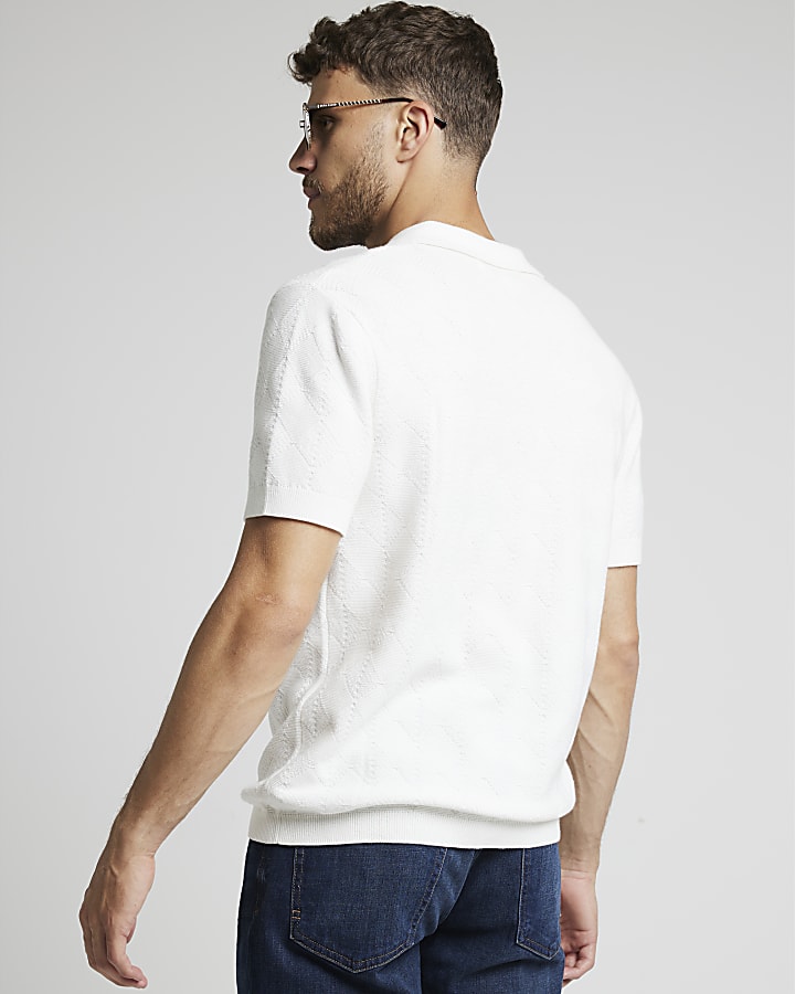 White slim fit diamond stitch knit polo shirt