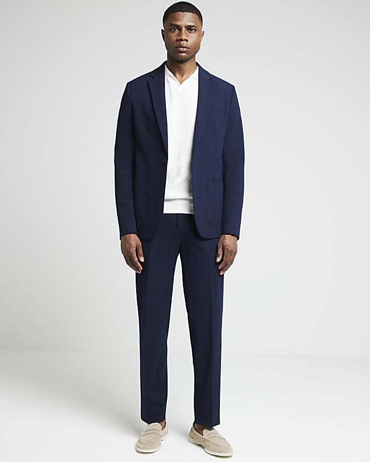 Navy slim fit seersucker suit jacket River Island