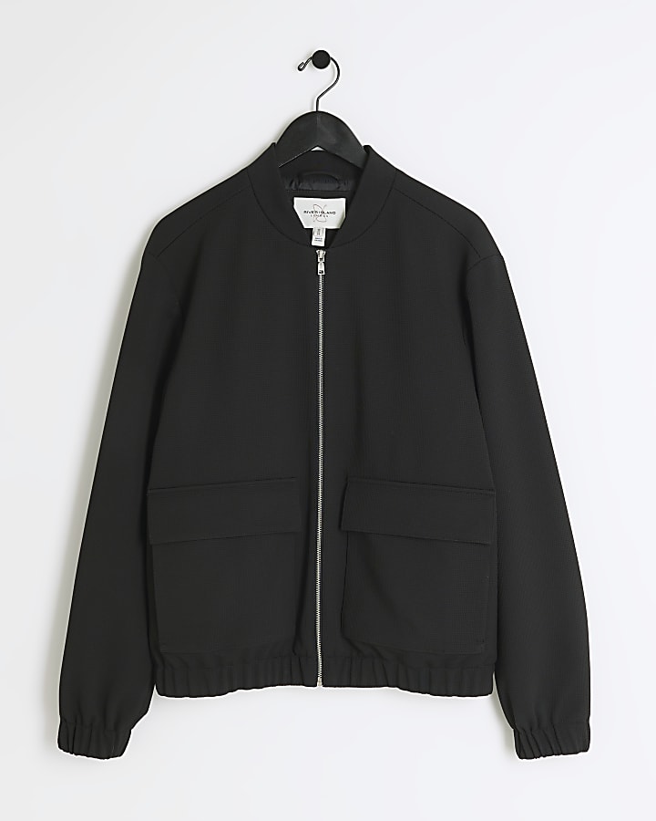 Black regular fit waffle bomber jacket