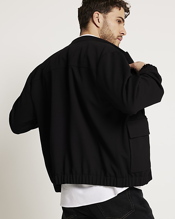 Black regular fit waffle bomber jacket