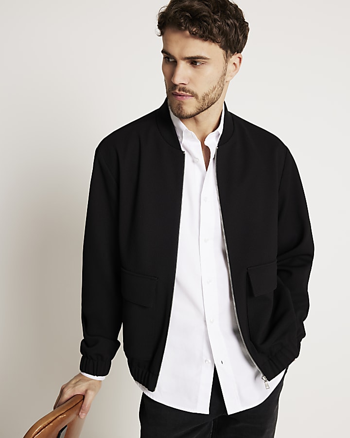 Black regular fit waffle bomber jacket