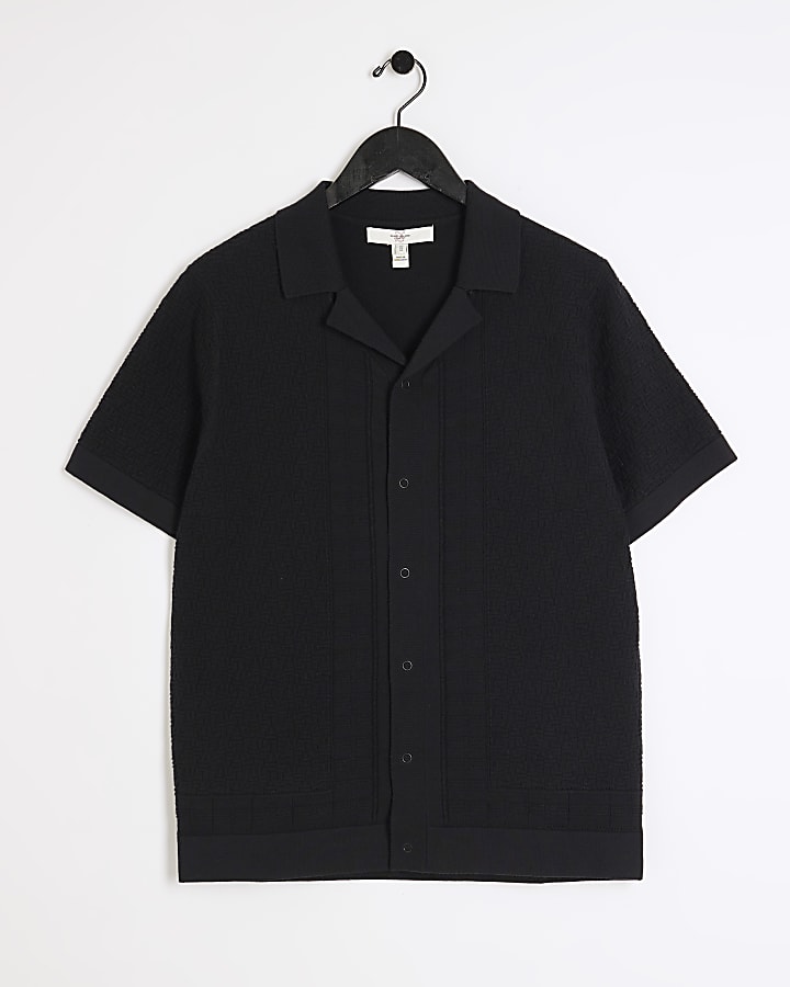 Black slim fit knit revere polo shirt