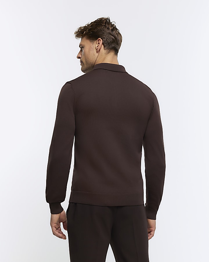 Brown muscle textured knit long sleeve polo