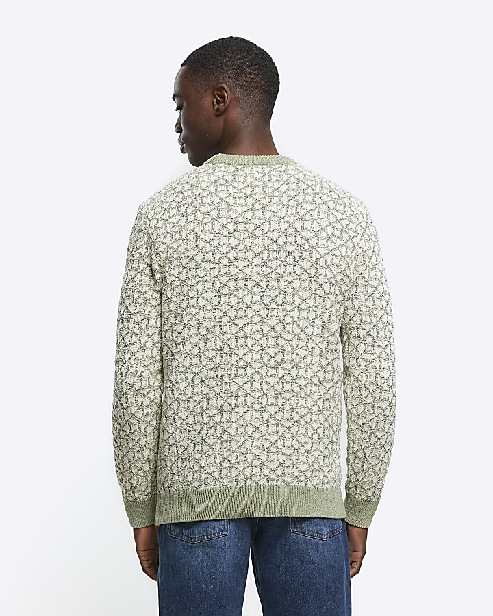 Green slim fit jacquard crew jumper