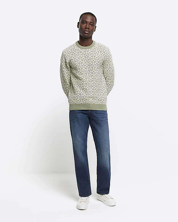 Green slim fit jacquard crew jumper