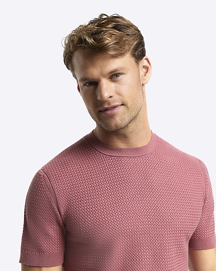 Pink slim fit textured knit t-shirt