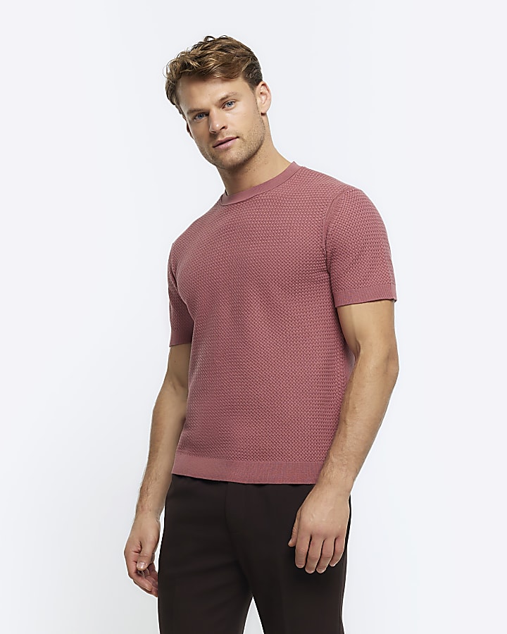 Pink slim fit textured knit t-shirt