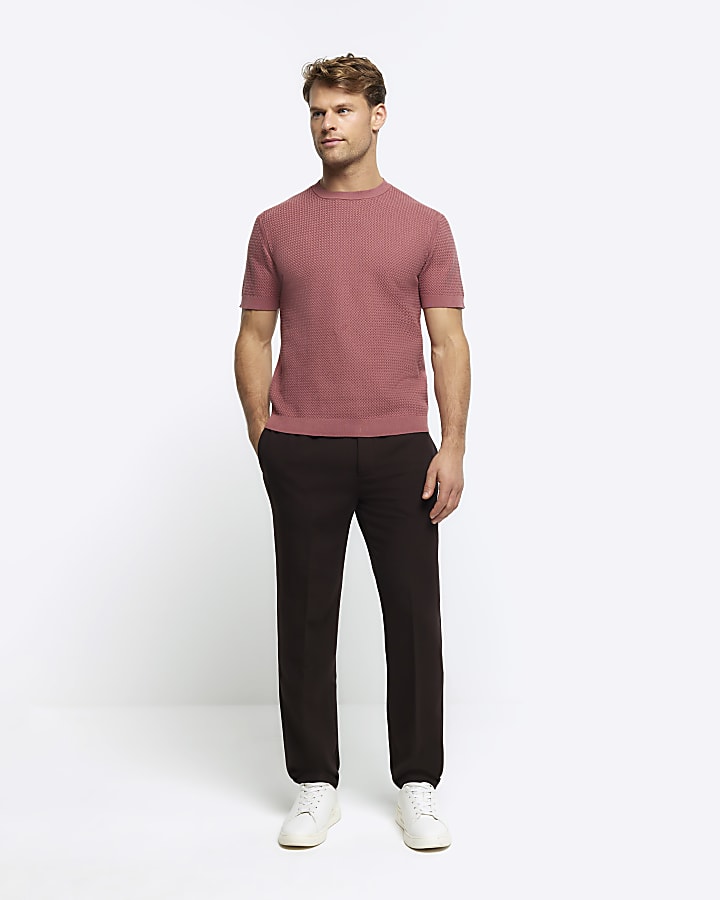 Pink slim fit textured knit t-shirt