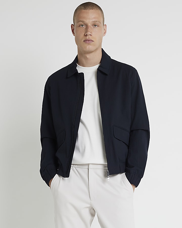 Navy regular fit seersucker zip jacket