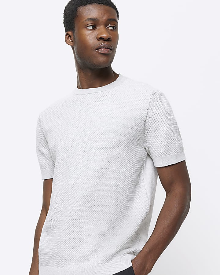 Grey slim fit textured knit t-shirt