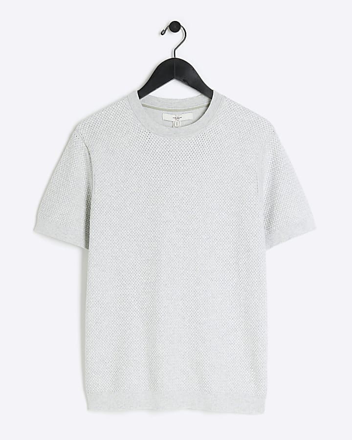 Grey slim fit textured knit t-shirt