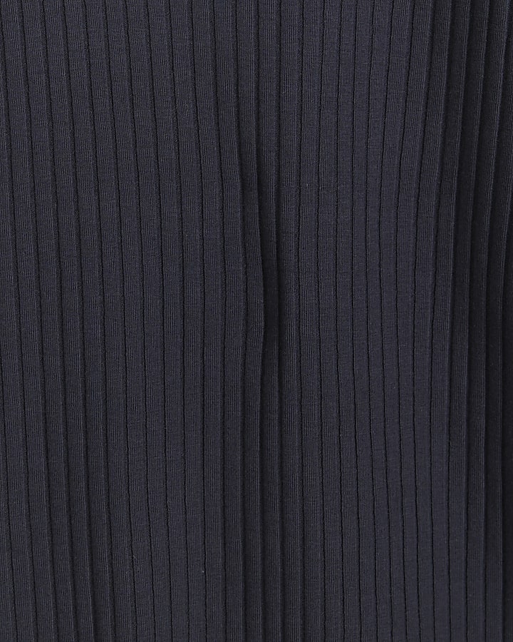 Navy muscle fit rib open collar polo