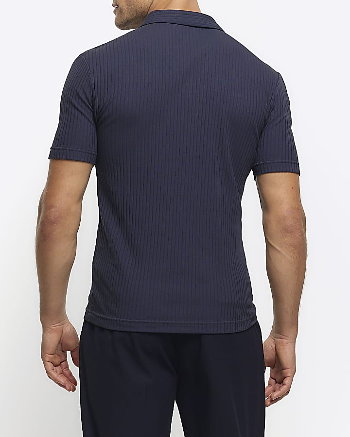 Navy muscle fit rib open collar polo